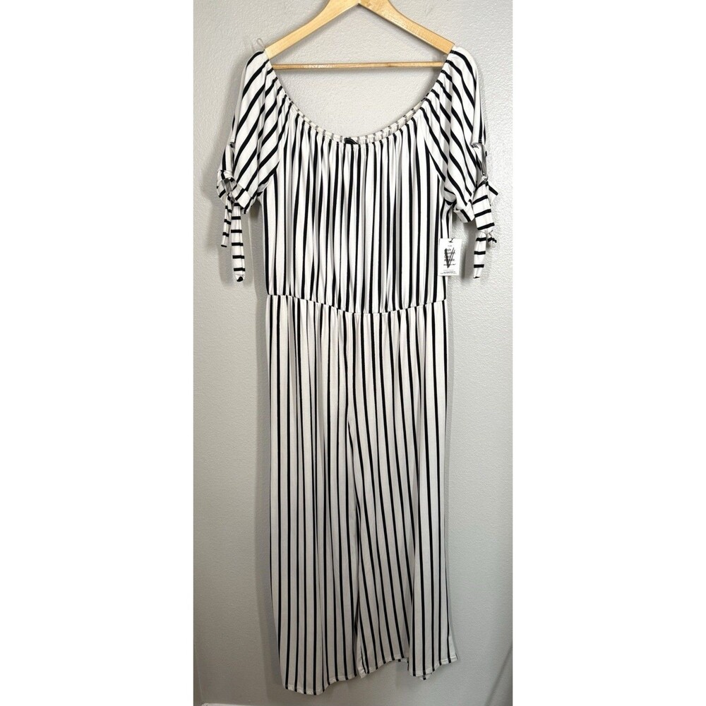 NWT Vibe Sportswear Black White Striped Wide Leg‎ Stretchy Jumpsuit Size 2X NEW